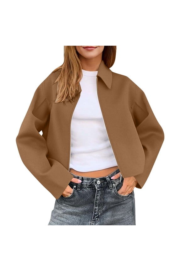 Women Jacket Womens Cropped Pea Coats Zip Up Short Casual Jackets Barn Fall Outerwear with Pockets Brown S