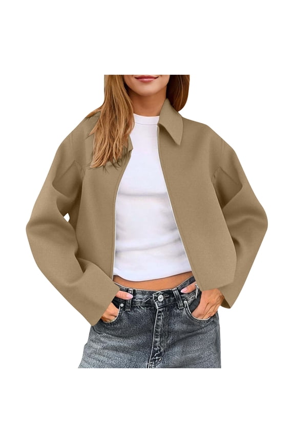 Women Jacket Womens Cropped Pea Coats Zip Up Short Casual Jackets Barn Fall Outerwear with Pockets Khaki M