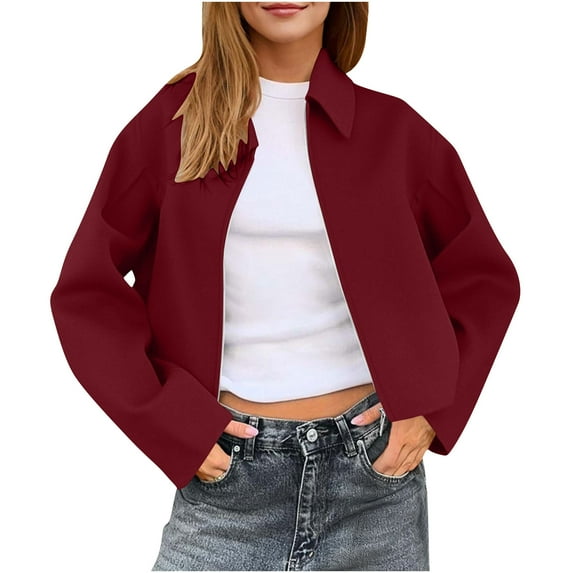 Hueook Women Jacket Womens Cropped Pea Coats Zip Up Short Casual Jackets Barn Fall Outerwear with Pockets Wine 2X