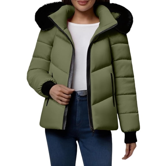 Hueook Women Jacket Womens Winter Coats Waterproof Zip Up Short Warm Snow Jacket Windproof Winter Jacket Outerwear with Pockets Army Green M
