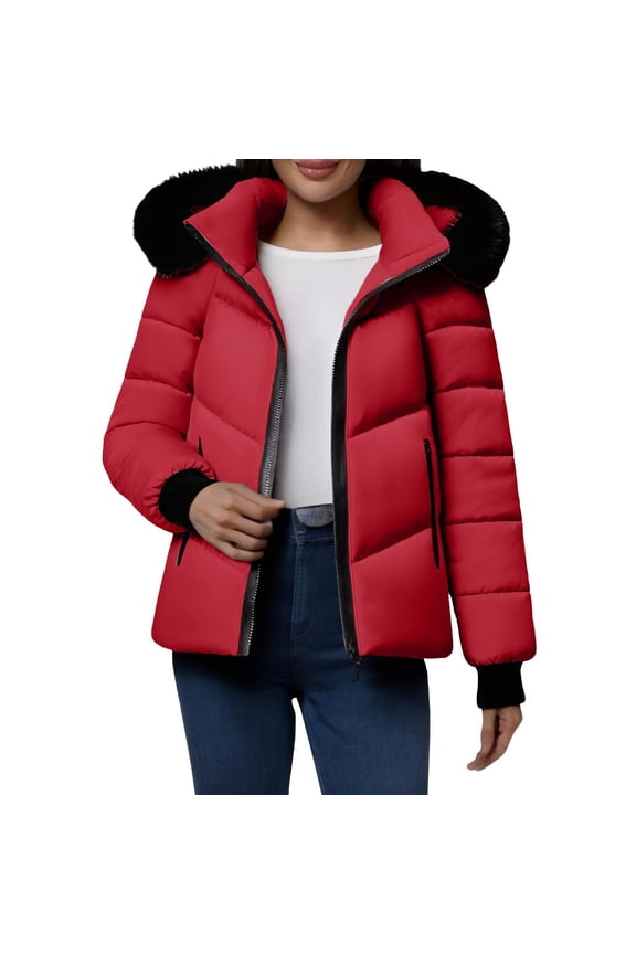Women Jacket Womens Winter Coats Waterproof Zip Up Short Warm Snow Jacket Windproof Winter Jacket Outerwear with Pockets Red M