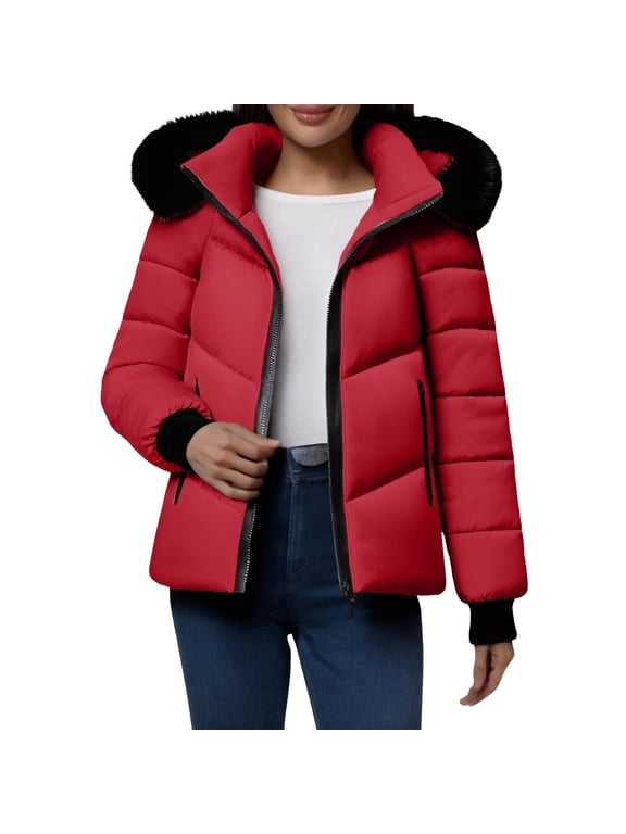 Women Jacket Womens Winter Coats Waterproof Zip Up Short Warm Snow Jacket Windproof Winter Jacket Outerwear with Pockets Red S