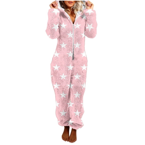 Hueook Women Pants Tall Pants Jumpsuits Women Long Sleeve Hooded Jumpsuit Pajamas Casual Winter Warm Rompe Sleepwear Pink XL