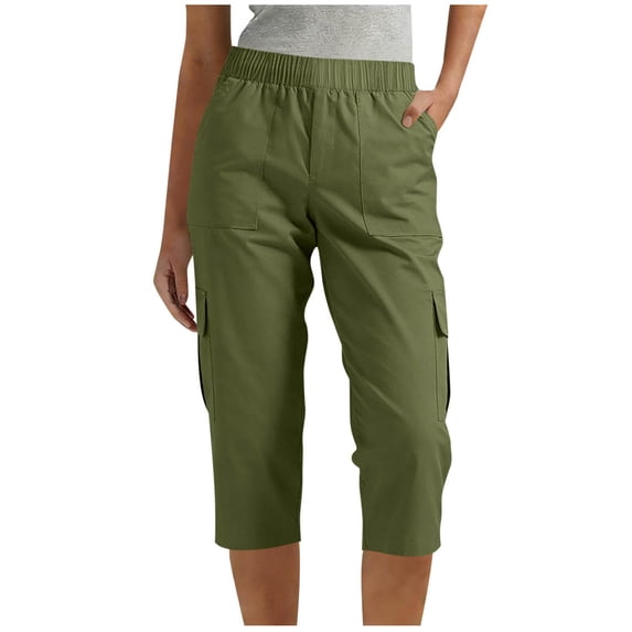 Hueook Khaki Pants Capri Hiking Women Solid Color with Elastic Waist Casual Clothes Pockets Full Length Capris Pants Army Green 2X