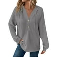 thumbnail image 1 of Hueook Women Sweatshirt Women's Casual Hooded Knitted Drawstring Button V-Neck Long Sleeve Pullover Casual Sports Sweatshirt Gray S, 1 of 6