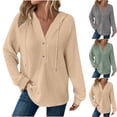 thumbnail image 1 of Hueook Women Sweatshirt Women's Casual Hooded Knitted Drawstring Button V-Neck Long Sleeve Pullover Casual Sports Sweatshirt Khaki L, 1 of 6