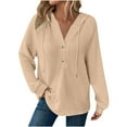 thumbnail image 1 of Hueook Women Sweatshirt Women's Casual Hooded Knitted Drawstring Button V-Neck Long Sleeve Pullover Casual Sports Sweatshirt Khaki S, 1 of 6