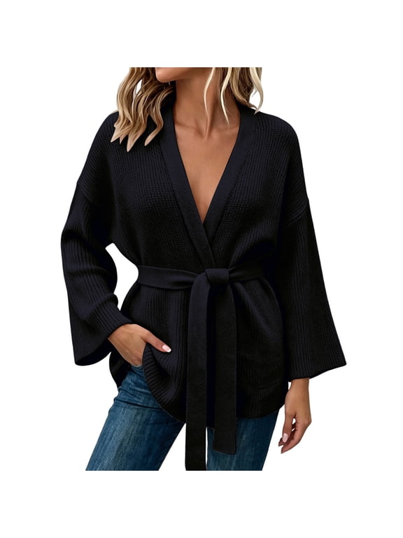 Women Wrap Jacket Casual Tie Waist V Neck Winter Belted Cardigan Sweaters Open Front Knit Coat Black Free Size