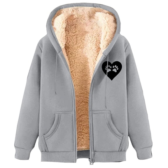 Hueook Women's Coats Women's Fashionable Printed Fleece Hooded Sweatshirt Jacket Gray 3X
