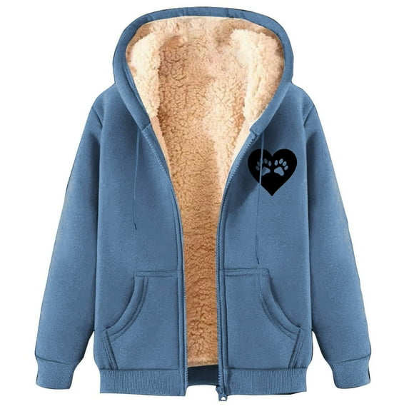Hueook Women's Coats Women's Fashionable Printed Fleece Hooded Sweatshirt Jacket Navy 2X
