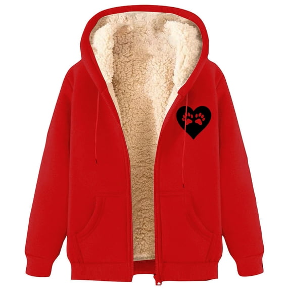 Hueook Women's Coats Women's Fashionable Printed Fleece Hooded Sweatshirt Jacket Red 3X