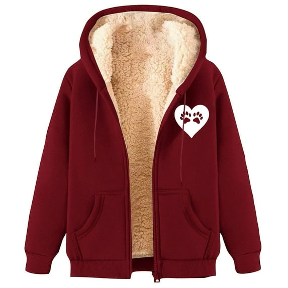 Hueook Women's Coats Women's Fashionable Printed Fleece Hooded Sweatshirt Jacket Wine M
