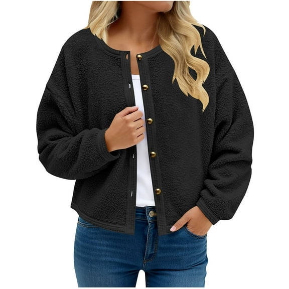 Hueook Women's Coats Womens Fleece Jackets Cropped Button Down Crew Neck Coats Fall Casual Trendy Outerwear Black M
