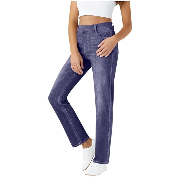 Hueook Women's Fashion Solid Color Elastic Waist Pockets Length Pants False Jeans Purple L