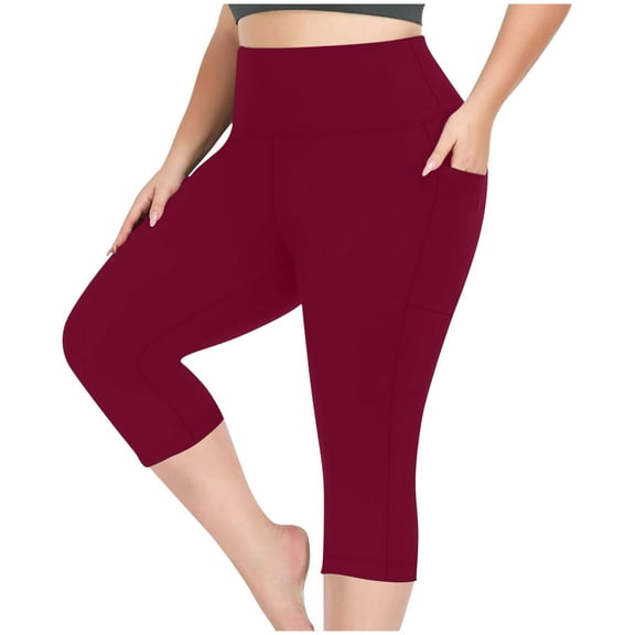 Hueook Women's Leggings Capri Leggings Women Large Size Drying Tight Elastic Comfortable Pocket Fitness Pants Capris Yoga Pants Wine 4X