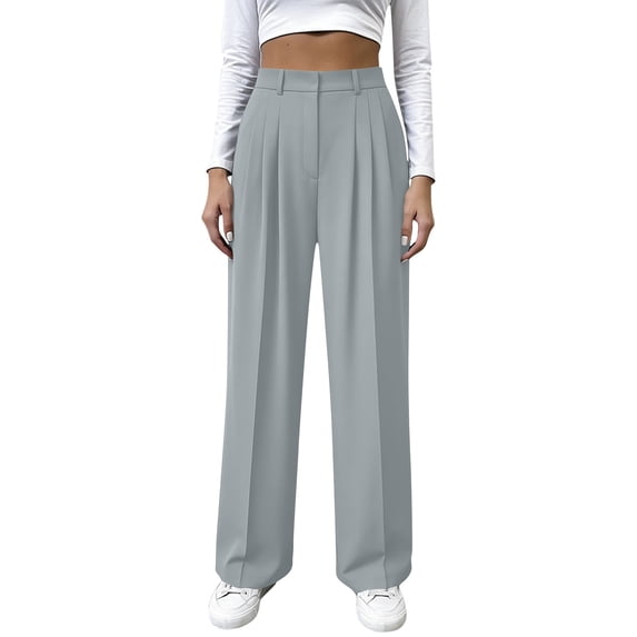Hueook Women's Solid Color Dress Pants Double Pocket Fitness and Casual Suit Office Pants Gray 2X