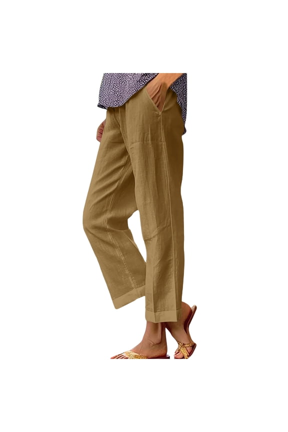 Women's Spring and Solid Color Elastic Waist Linen Versatile Straight Tube Casual Wide Leg Pants Khaki 5X