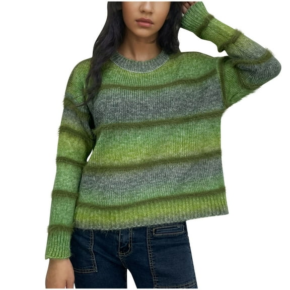 Hueook Women's Sweaters Cute Sweaters for Women Women's Plaid Short High Waisted Exposed Navel Loose Knit Sweater with Cinched Waist Round Neck Sweater Green L