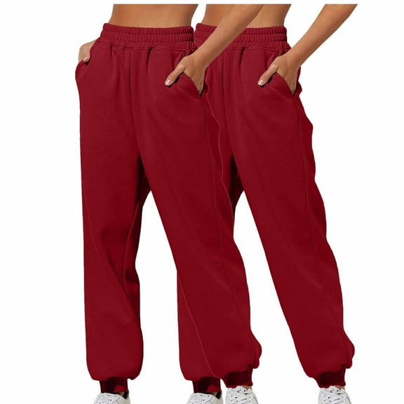 Hueook Women's Sweatpants Barrel Pants 2PC Women Casual Solid Color Sanitary Pants Loose Home Sweatpants Red M