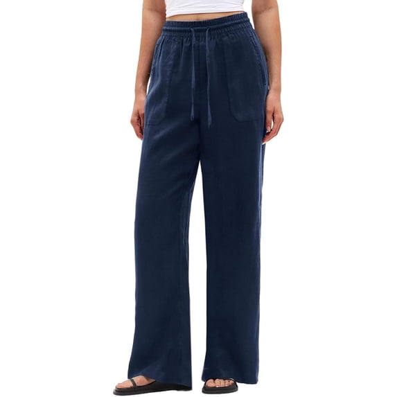 Hueook Women's Sweatpants Barrel Y2k Loose Casual and Linen Drawstring Pants with Pockets Navy L