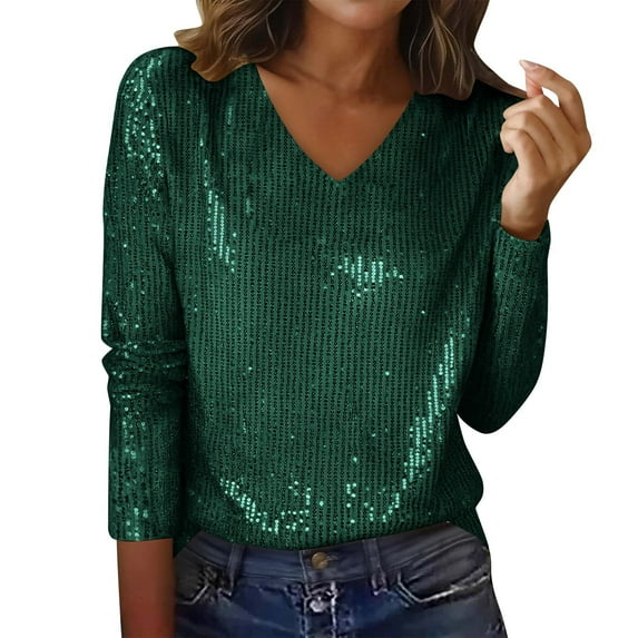 Hueook Women's Tops Women's Casual Sequin Fashion V-Neck T-Shirt Green XL