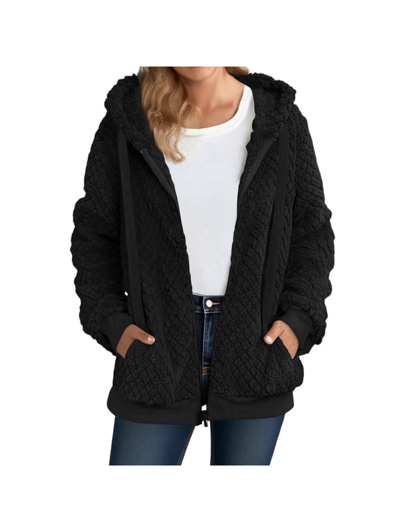 Women's Winter Coats Fleece Jacket Zip Up Hooded Casual Outfits Double Sided Warm Long Sleeve with Pockets Black 4X