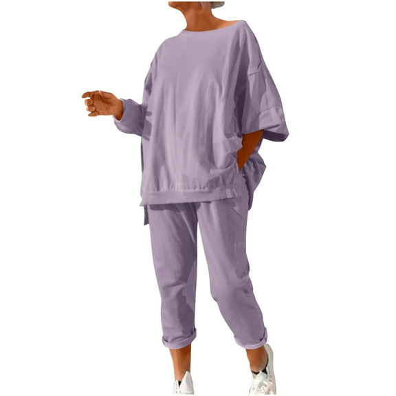Hueook Womens 2 Piece Outfits Women'S Solid Color Casual Crew-Neck Long-Sleeved Trousers and Tight-Waist Hoodie Suit Purple 3X
