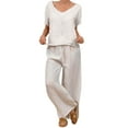 thumbnail image 1 of Hueook Womens 2 Piece Outfits Women's Loose Casual V-Neck Pullover Short Sleeve Plus Pants Women's Two-Piece Suit Beige L, 1 of 6