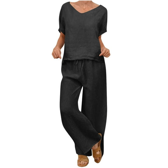 Hueook Womens 2 Piece Outfits Women's Loose Casual V-Neck Pullover Short Sleeve Plus Pants Women's Two-Piece Suit Black 5X