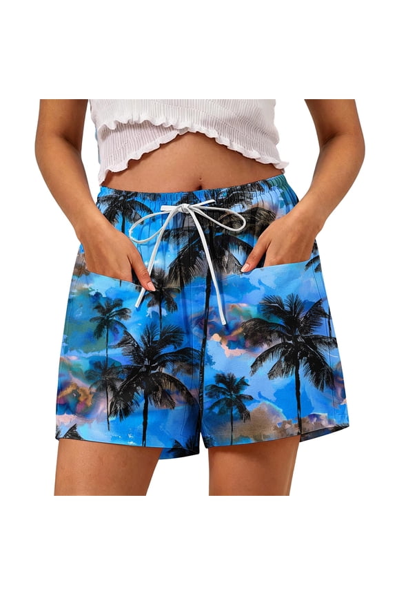 Womens Bermuda Shorts Black Leather Shorts ladies Casual Drawstring Shorts with Pockets Summer Beach Pants Blue 3X