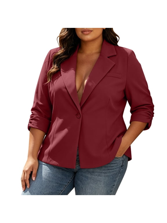 Womens Blazer Dressy Casual Plus Size Lapel Button Pleated Ruffled Three-Quarter Sleeve Casual Office Suit Jacket Wine 2X