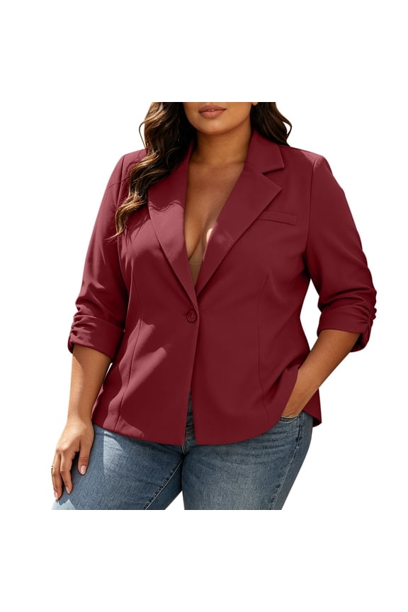 Womens Blazer Dressy Casual Plus Size Lapel Button Pleated Ruffled Three-Quarter Sleeve Casual Office Suit Jacket Wine 4X