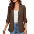 thumbnail image 1 of Hueook Womens Blazer Tailored Open Front Blazer Roll Tab 3/4 Sleeve Button Workwear Suit Jacket Brown L, 1 of 9