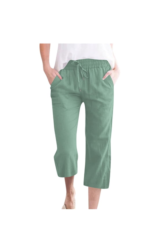 Womens Capri Pants Linen Womens Casual Solid Color Elastic Loose Pants Capris with Pocket Mint Green S