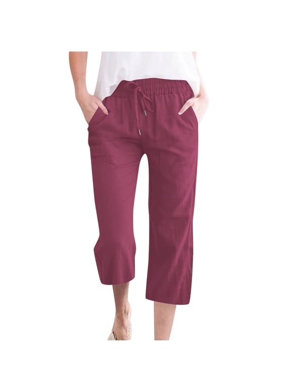 Womens Capri Pants Linen Womens Casual Solid Color Elastic Loose Pants Capris with Pocket Wine 2X