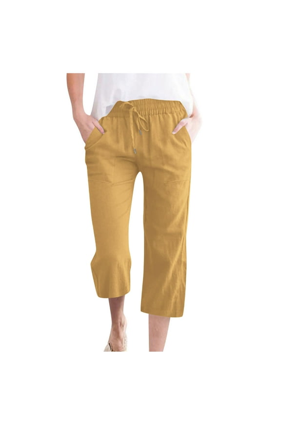 Womens Capri Pants Linen Womens Casual Solid Color Elastic Loose Pants Capris with Pocket Yellow M