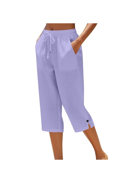 Womens Capri Pants Loung House Pants Women's Linen Loose Pants Button Elastic Waist Casual Straight Tube Pants Capris Purple XXXXXL