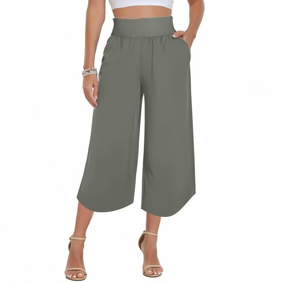 Hueook Womens Capri Pants for Women Womens Golf Pants Women's Summer Solid Color Casual High Waisted Side Pockets Wide Leg Split Hem Cropped Pants Gray S
