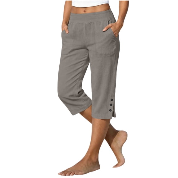 Hueook Womens Capri Pants Womens Golf Pants Women Summer Linen Solid Color Loose Straight Leg Pants with Pockets Side Slit Buttons Cropped Pants Gray M