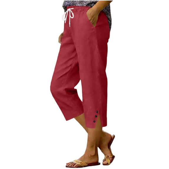 Hueook Womens Capri Pants Womens Golf Pants Women's SummerLinen Solid Color Loose Straight Leg Pants with Pockets Side Slit Buttons Cropped Pants Red XXL