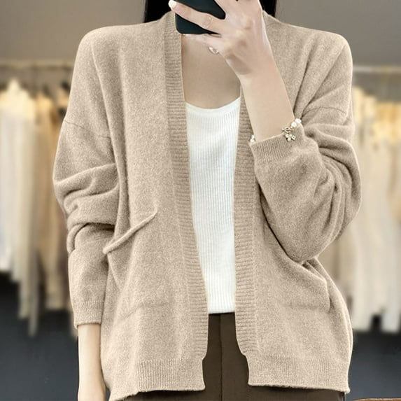 Hueook Womens Cardigan Sweaters Women's Fashion Casual Winter Solid Color Long Sleeve Short Knitted Cardigan Shawl Coat Khaki L