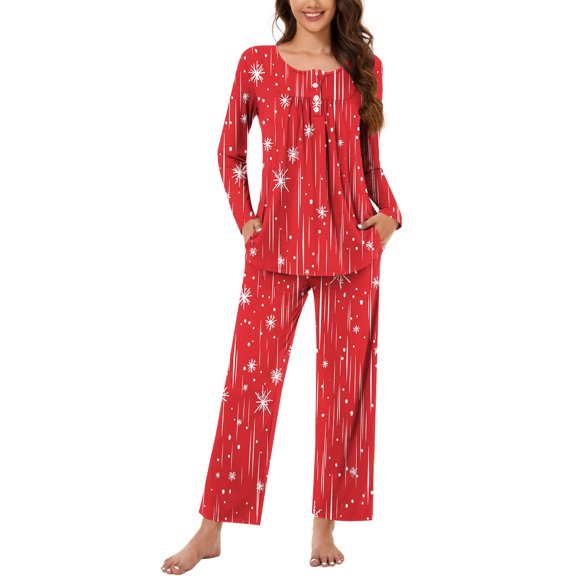 Hueook Womens Christmas Pajamas Women Christmas Fashionable and Casual Loose Printed Round Neck Button Up Long Sleeved Pants Pajama Set Multicolor 2X