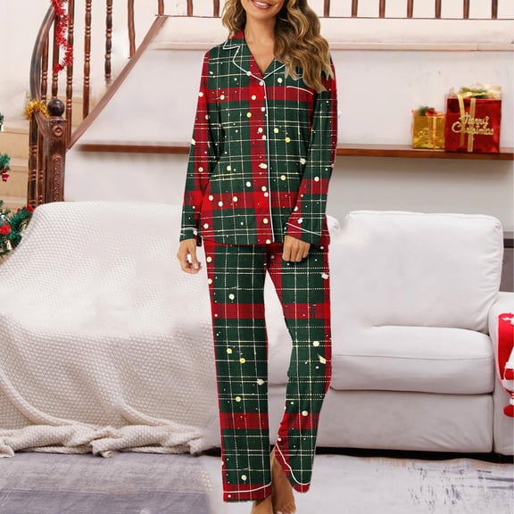 Hueook Womens Christmas Pajamas Women's Christmas Printed Pajama Set for Daily Home Wear with Pocket Multicolor S