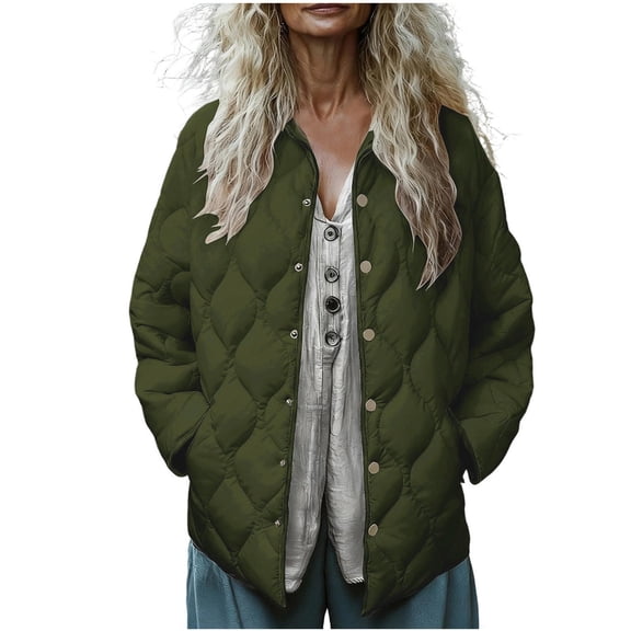 Hueook Womens Coats Solid Puffer Women Long Sleeves Quilted Jacket Lightweight Button up Collar Down with Pockets Outerwear Army Green M