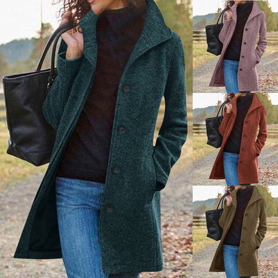 Hueook Womens Coats Women's Solid Casual Thicken Wool Stand Collar Inner Lining Pocket Breasted Pea Mao Coat Navy M