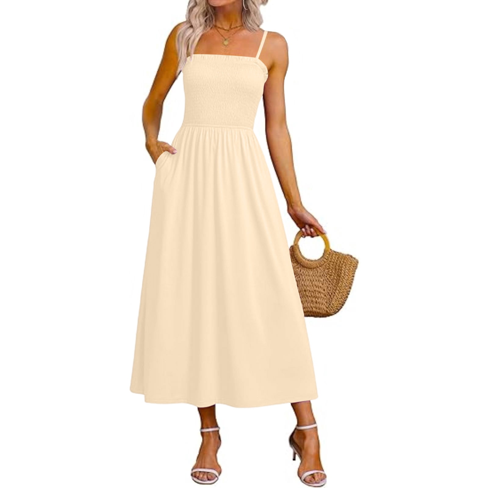 Hueook Womens Dresses Women's Bohemian Spaghetti Strap Sleeveless Long Beach Sun Dresses Solid Maxi Dress Beige S