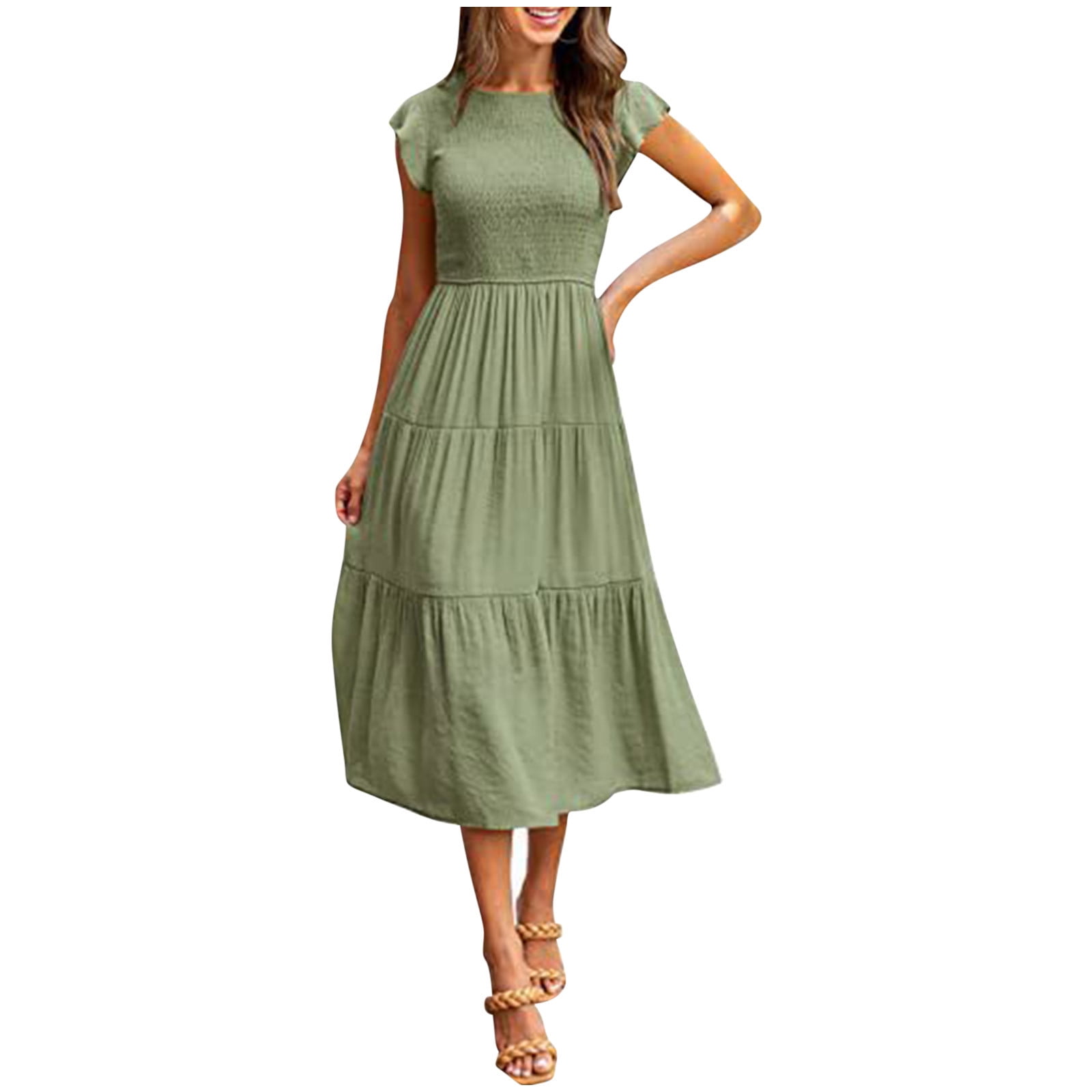 Hueook Womens Dresses Women's Bohemian Short Sleeve Long Beach Sun Dresses Solid Maxi Dress Green S