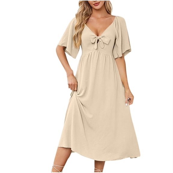 Hueook Womens Fall Dresses Fashion Women Solid Color V-neck Short Sleeve Bow Fold Retract Your Waist Medium Length Dress Khaki L