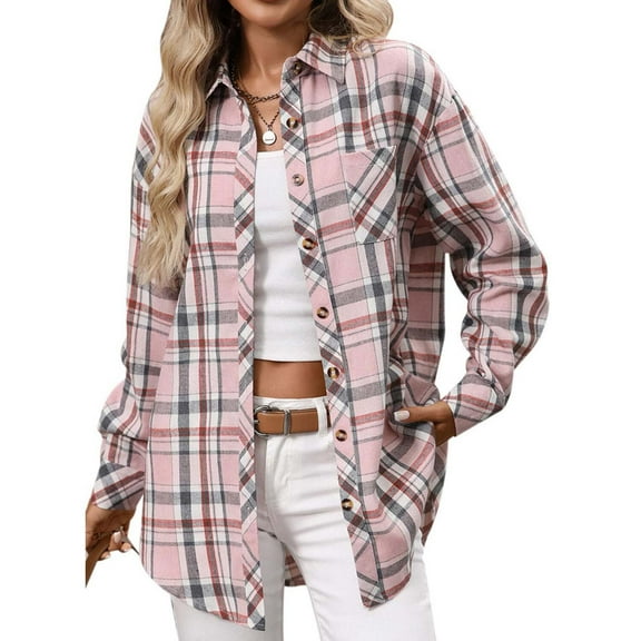 Hueook Womens Fall Jackets Women's Plaid Button with Pocket Basic Top Jacket Multicolor L