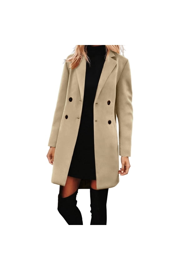 Womens Fall Jackets Women's Solid Casual Thicken Wool Stand Collar Inner Lining Pocket Breasted Pea Mao Coat Beige M